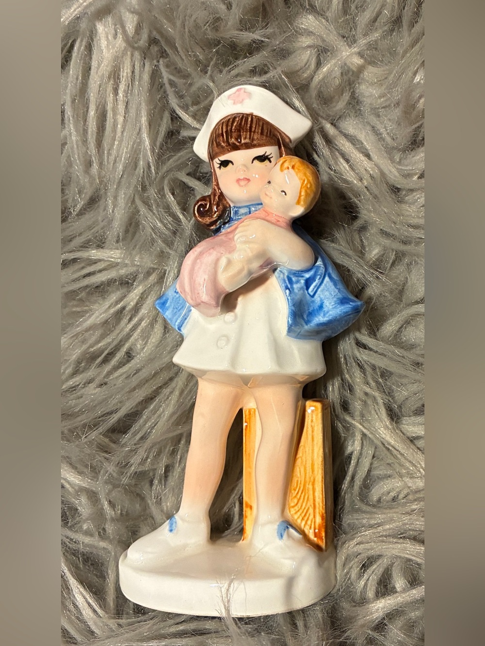 Lefton Ceramic Nurse Figurine in White, Blue, Pink and Gold